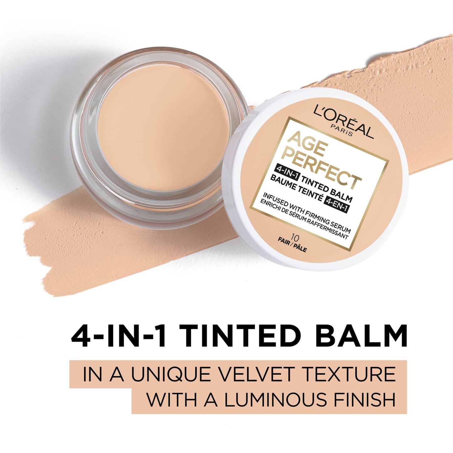 L’Oréal Paris Age Perfect 4-in-1 Tinted Balm, Anti Aging Foundation, Unique Formula with Firming Face Serum that Minimizes Imperfections & Evens Tone, Medium 10, 0.609 fl. oz.