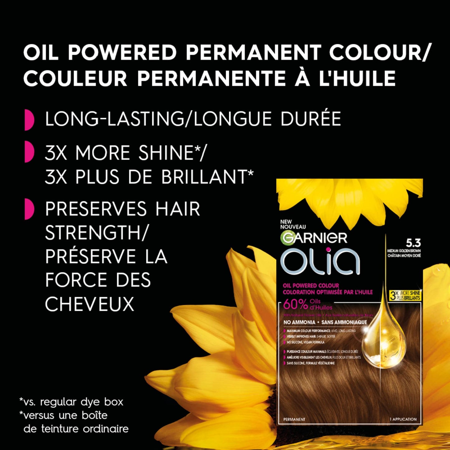 Garnier Olia, Permanent Hair Dye, Ammonia-Free Hair Color, 5.3 Medium Golden Brown, Long-Lasting Hair Shine With 60% Oils, 1 Application