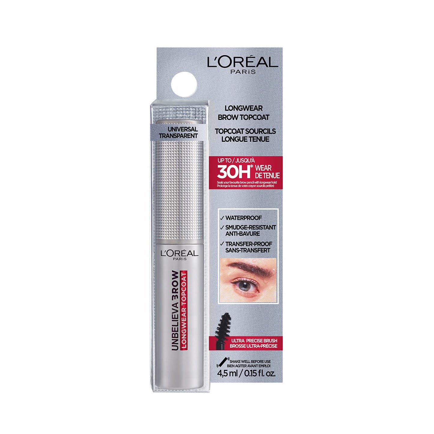 L’Oréal Paris Unbelieva-Brow Longwear Eyebrow Topcoat, Waterproof, Smudge-resistant, Transfer- Proof, Quick Drying, Easy and quick application with precise brush, Universal Transparent, 0.15 fl. oz.