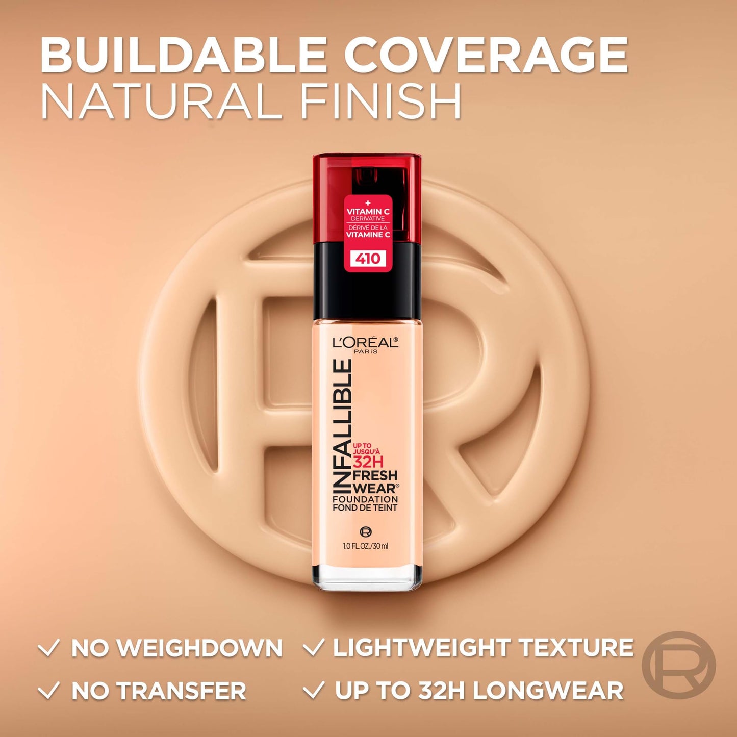L’Oréal Paris Liquid Foundation, Full Coverage, Lasting Wear, With Vitamin C, Infallible Fresh Wear, Shade: 455 Natural Buff