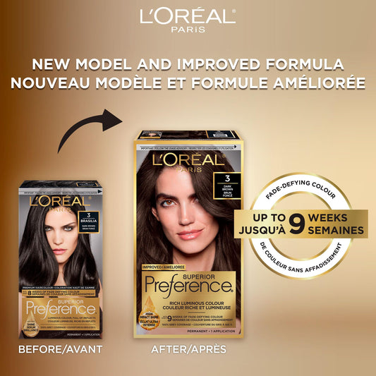 L'Oreal Paris Superior Preference 9 weeks of Luminous Fade-Defying Permanent Hair Dye, 3 Dark Brown, 100% Grey Coverage, 1 Hair Dye Kit (Packaging May Vary)