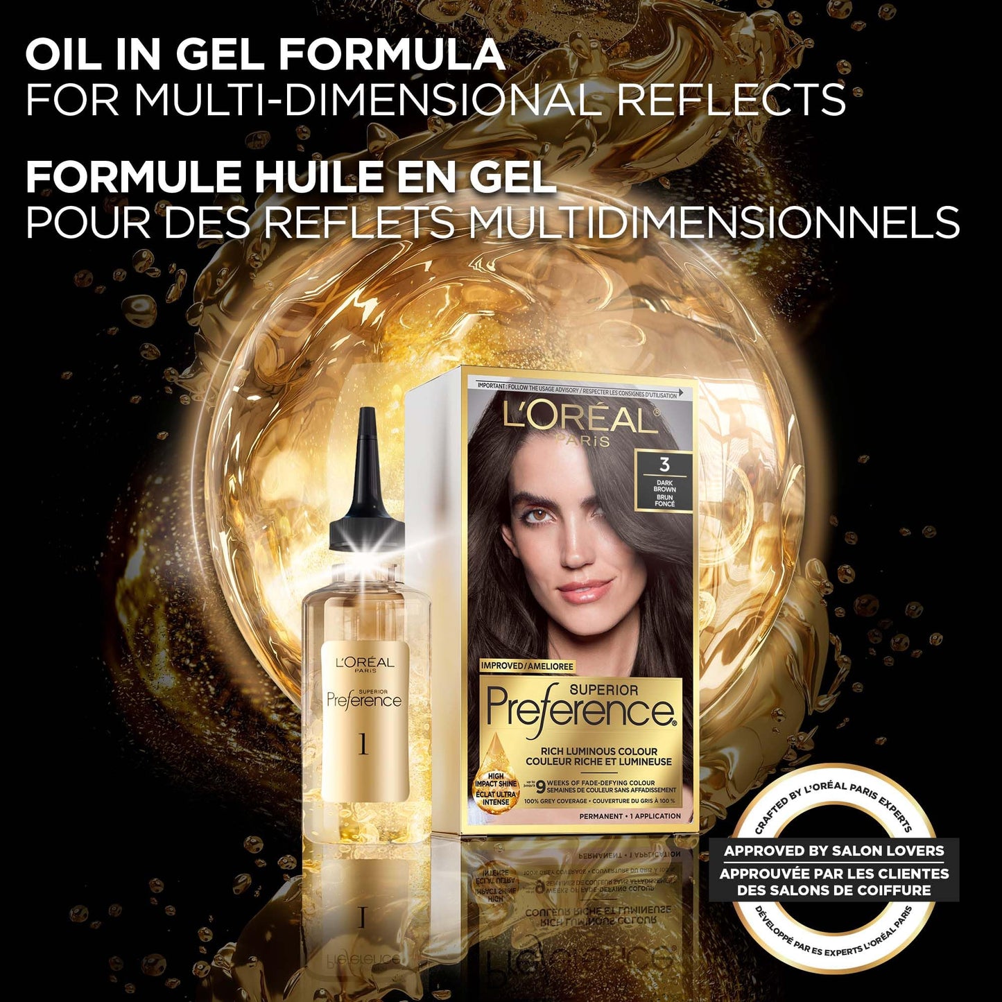 L'Oreal Paris Superior Preference 9 weeks of Luminous Fade-Defying Permanent Hair Dye, 3 Dark Brown, 100% Grey Coverage, 1 Hair Dye Kit (Packaging May Vary)