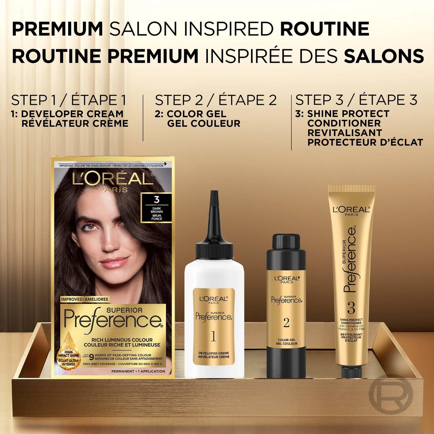 L'Oreal Paris Superior Preference 9 weeks of Luminous Fade-Defying Permanent Hair Dye, 3 Dark Brown, 100% Grey Coverage, 1 Hair Dye Kit (Packaging May Vary)