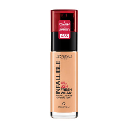 L’Oréal Paris Liquid Foundation, Full Coverage, Lasting Wear, With Vitamin C, Infallible Fresh Wear, Shade: 455 Natural Buff