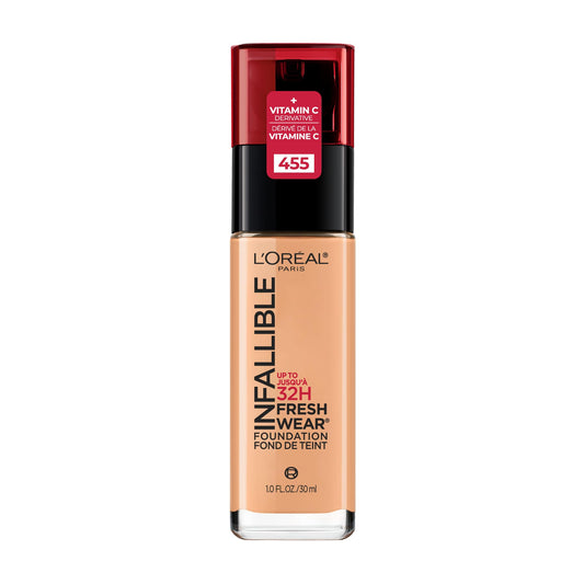 L’Oréal Paris Liquid Foundation, Full Coverage, Lasting Wear, With Vitamin C, Infallible Fresh Wear, Shade: 455 Natural Buff