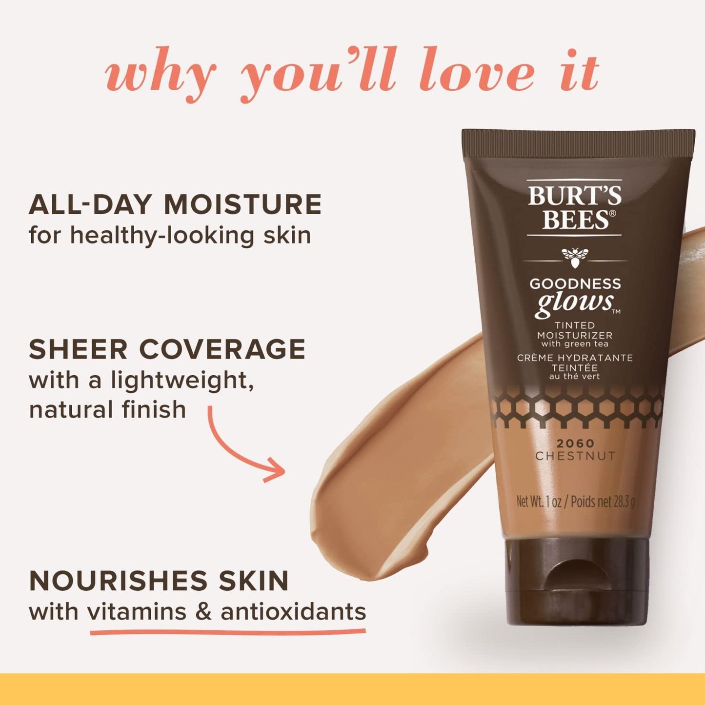 Burt's Bees Goodness Glows Tinted Moisturizer, Chestnut, 28.3 g (Pack of 1)