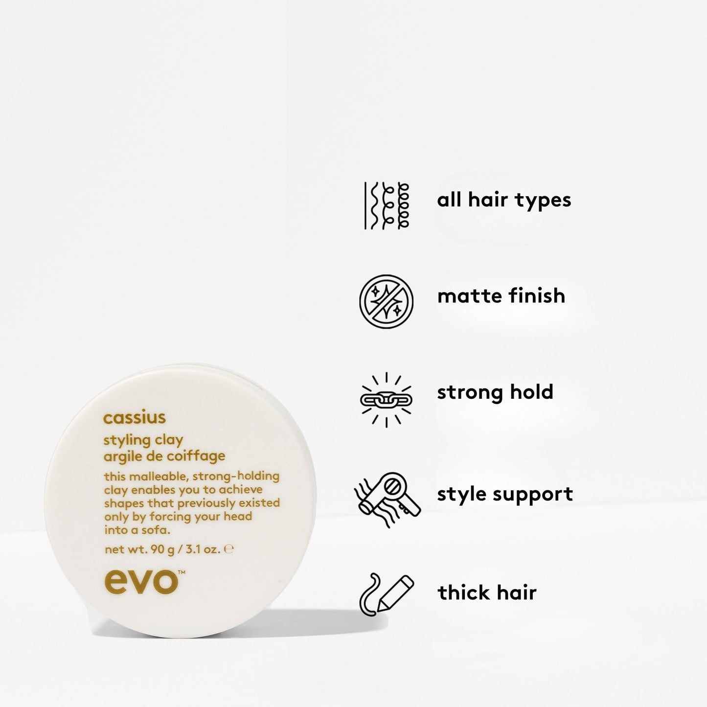 Evo Cassius Strong Hold Hair Clay for Men, Thick Hair, Matte, 90g