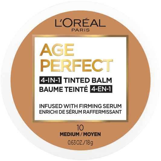 L’Oréal Paris Age Perfect 4-in-1 Tinted Balm, Anti Aging Foundation, Unique Formula with Firming Face Serum that Minimizes Imperfections & Evens Tone, Medium 10, 0.609 fl. oz.