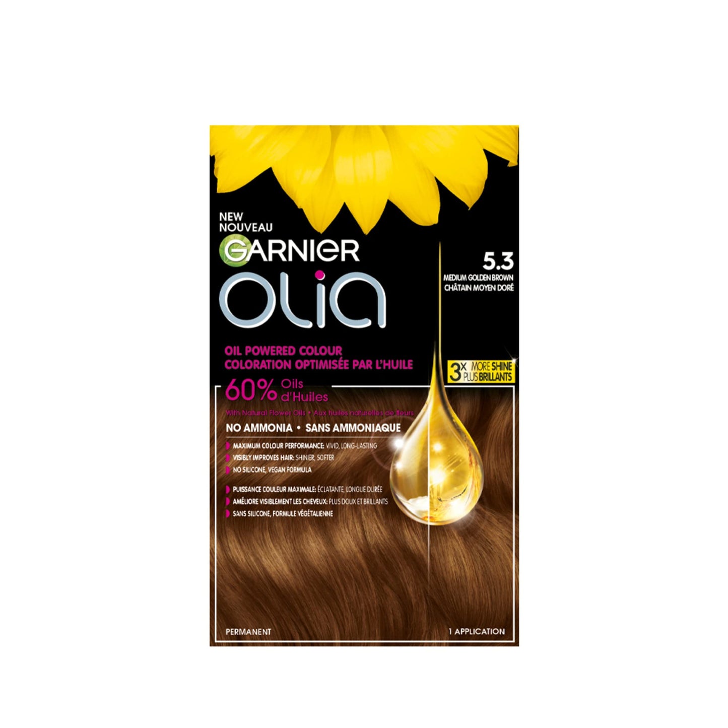 Garnier Olia, Permanent Hair Dye, Ammonia-Free Hair Color, 5.3 Medium Golden Brown, Long-Lasting Hair Shine With 60% Oils, 1 Application