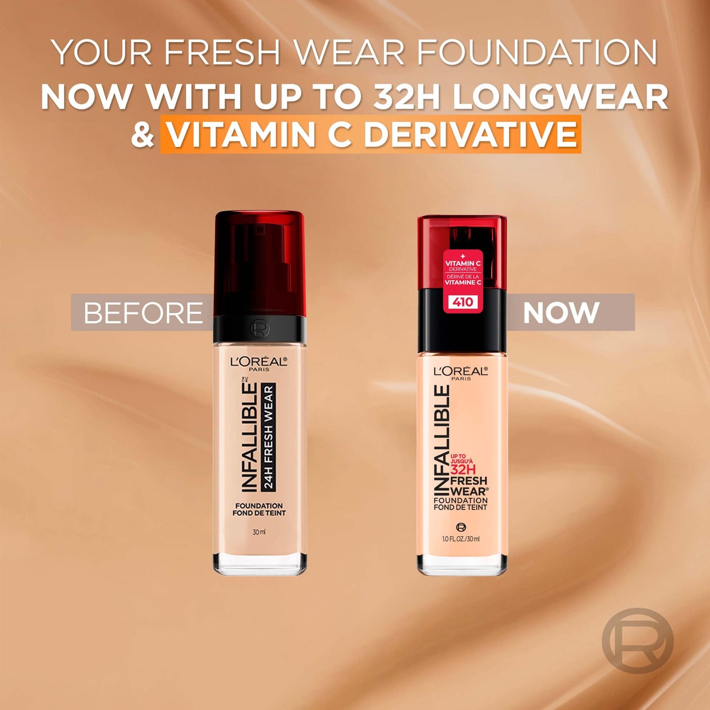L’Oréal Paris Liquid Foundation, Full Coverage, Lasting Wear, With Vitamin C, Infallible Fresh Wear, Shade: 455 Natural Buff