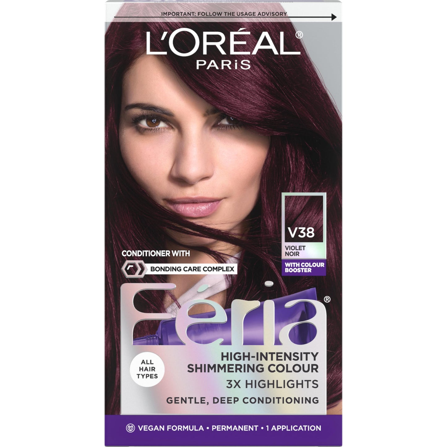 L’Oréal Paris Feria Multi-Faceted Shimmering Permanent Hair Color, V38 Intense Deep Violet, Long Lasting Hair Dye with Bonding Complex Conditioner and Color Booster - 1 kit (Packaging May Vary)