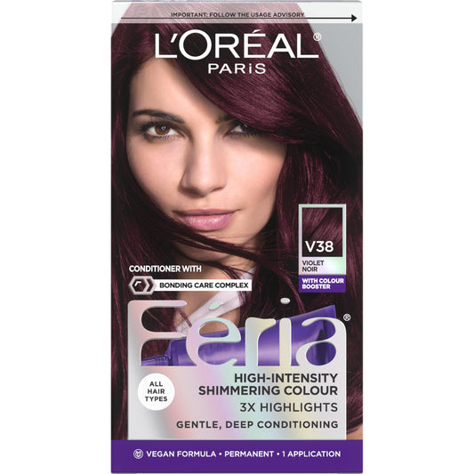 L’Oréal Paris Feria Multi-Faceted Shimmering Permanent Hair Color, V38 Intense Deep Violet, Long Lasting Hair Dye with Bonding Complex Conditioner and Color Booster - 1 kit (Packaging May Vary)
